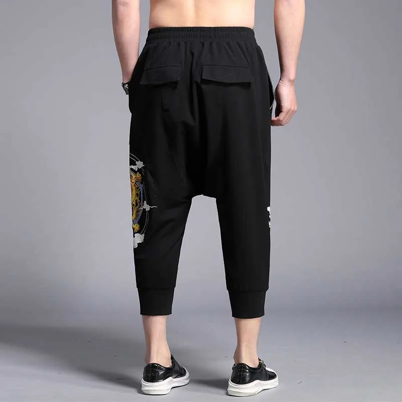 Корейская модная одежда 3/4 длина брюки с принтом дракона Мужские повседневные