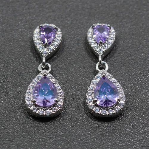Purple Капли воды 925 Серебряные женские ювелирные изделия МНИ цвет синий розовый желтый зеленый фиолетовый Висячие серьги& Подарочная коробка ES04 - Окраска металла: Purple