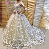appliques butterfly puffy ball gown bridal dress dubai wedding dresses customized long sleeves vestido de noiva robe de mairee