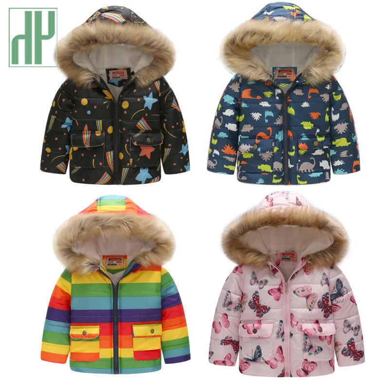 HH Kids/зимняя куртка с меховым капюшоном и принтом динозавра; детская зимняя куртка с радугой; ветровка для мальчиков; Верхняя одежда; парки для девочек; пальто