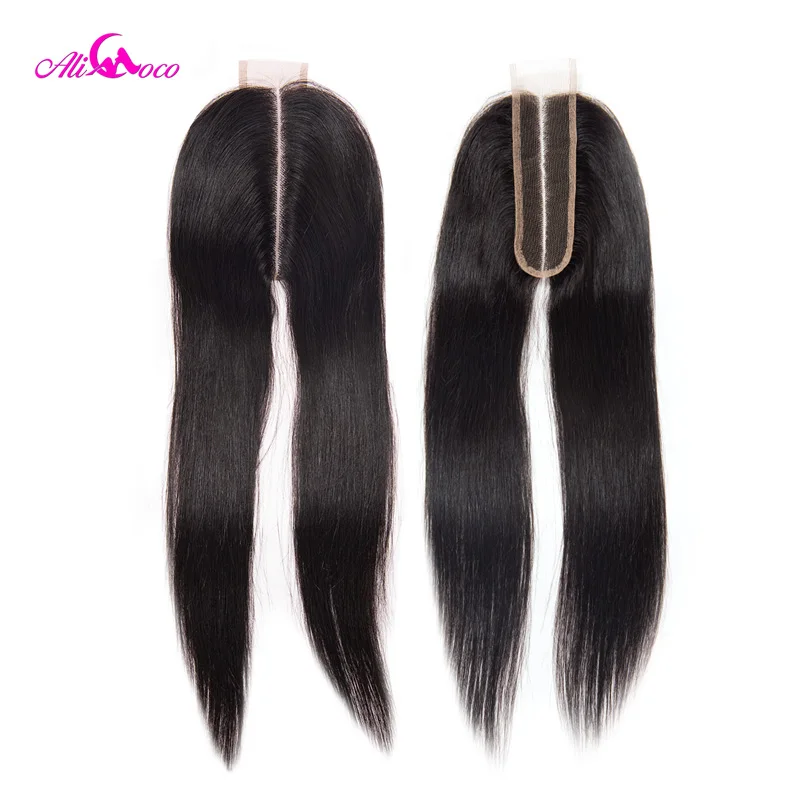 Али Коко бразильские прямые 2*6 Кружева Закрытие человеческих волос средняя часть