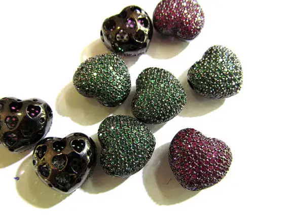 

6pcs Rhodium Plated Cz Pave heart gunmetal green jewelry Charm beads micro pave diamond connector 14mm