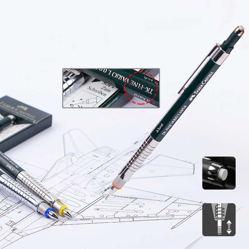 Faber-Castell механический карандаш с грифелем 0,35/0,5/0,7/1,0 мм и стеркой на конце, металлический корпус, высокое премиум качество для рисования, скетчей, черчения, школы и офиса