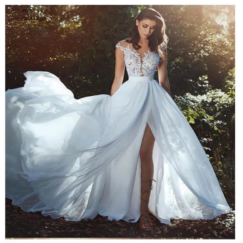 

Elegant Beach Cheap Wedding Dress 2020 Cap Sleeve High Split Boho Bride Dress Free Shipping Custom Made Wedding Gown Vestidos