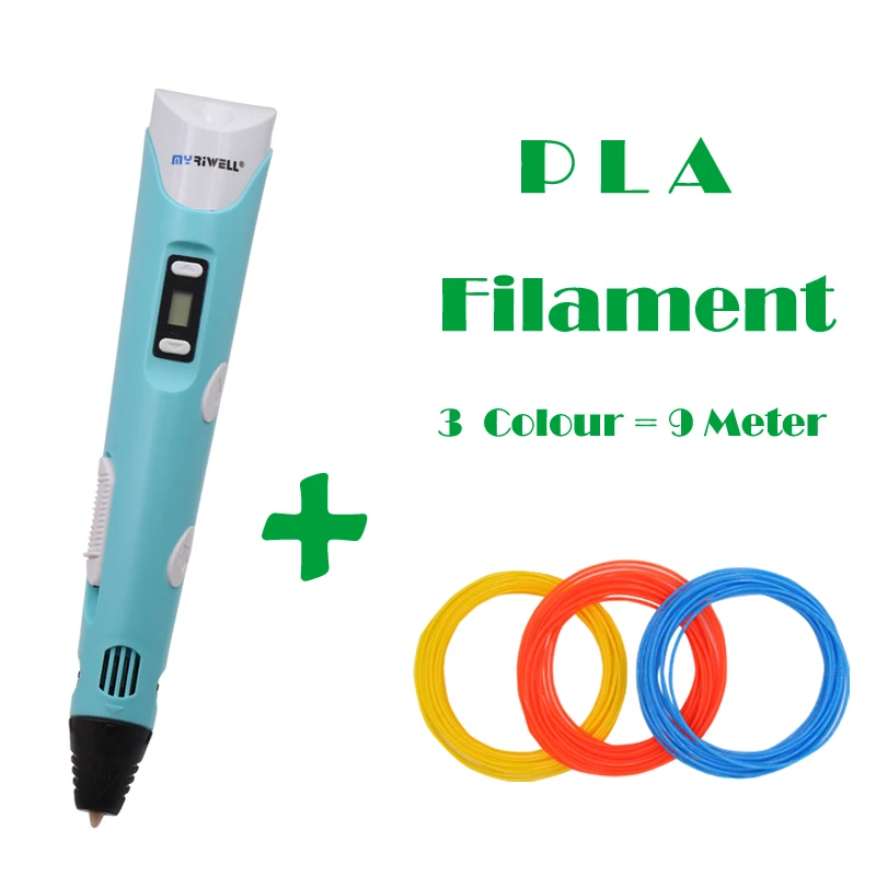 Blue 9M Filament 3d Ручка Myriwell 2 поколения ЖК-дисплей DIY 3D печать Ручка искусство 3D ручки для детей Инструменты для рисования Высокое качество ABS PLA пластик - Цвет: Blue 9M Filament