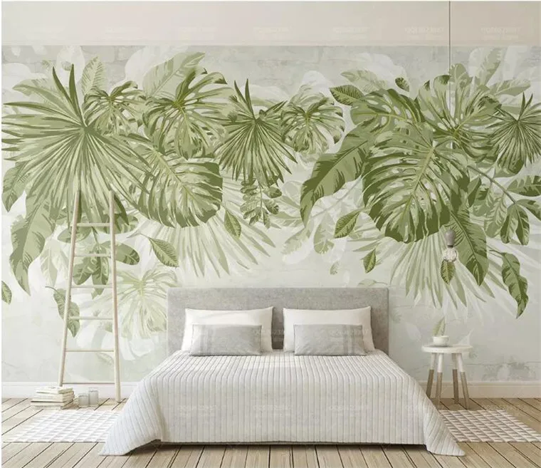 

Custom Any Size Jungle Watercolor Fresh Green Leaves Non-woven Mural Bedroom Living Room Sofa TV Background Mural 3D Wall Paper