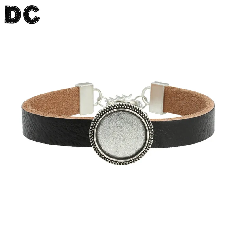 Черный Кожаный Браслет манжета 18 мм круглый бронза под старину/серебряный цвет