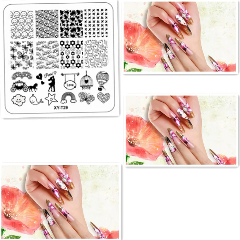 Rose Grass Acryl Square Nail Stamping Plates Flower Rainbow Smiley Face Image Manicure Art Template XY-T29 | Красота и здоровье