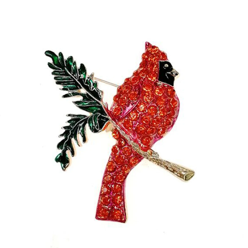 

10 pcs/lot Christmas Brooch Red Crystal Rhinestone Cardinal Bird Pin Enamel Animal Brooches