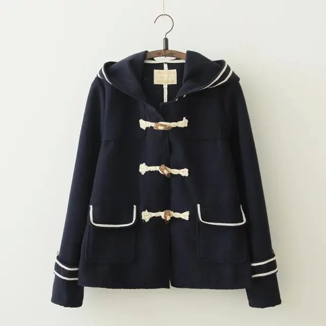 High quality women horn button sweet preppy style woolen Jackets winter female navy Japan student Teens blue coat | Женская одежда