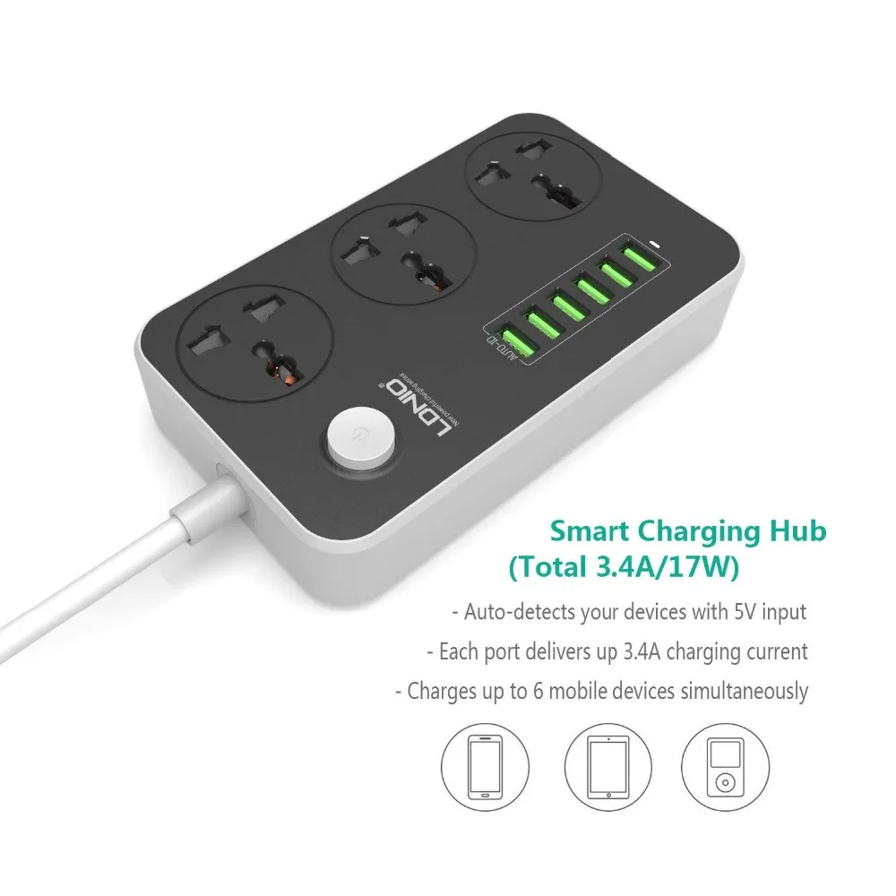 Блок питания LDNIO с 3 розетками и 6 USB портами устройство для быстрой зарядки защита