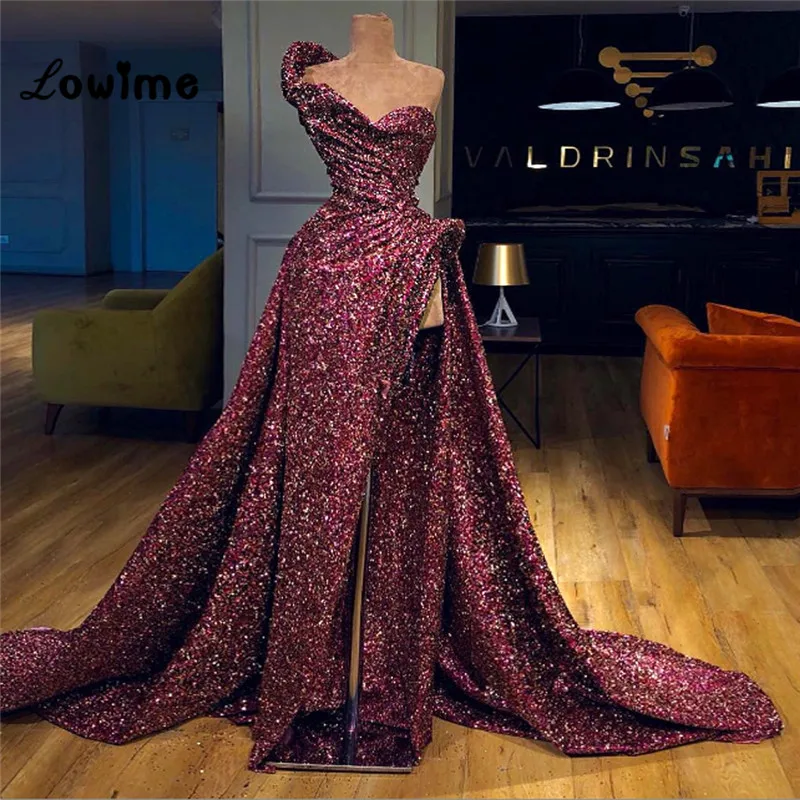 Кутюр блестящие блестками Дубай турецкие вечерние платья с высоким разрезом