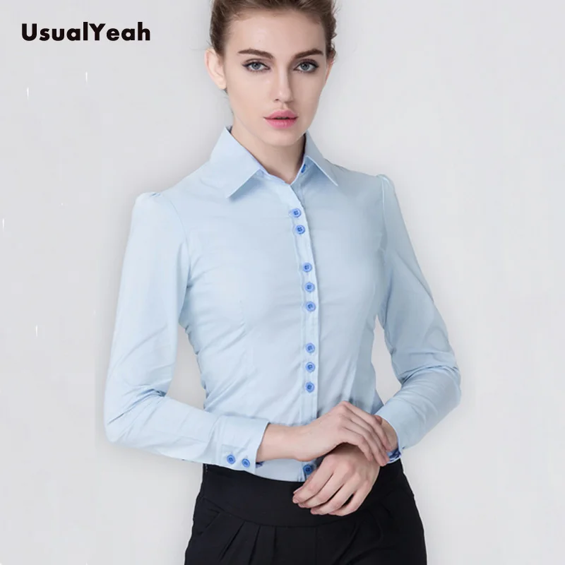 New Lady fashion long sleeve solid OL button shirt turn down collar patchwork body blouse shirts women SY0175 white blue