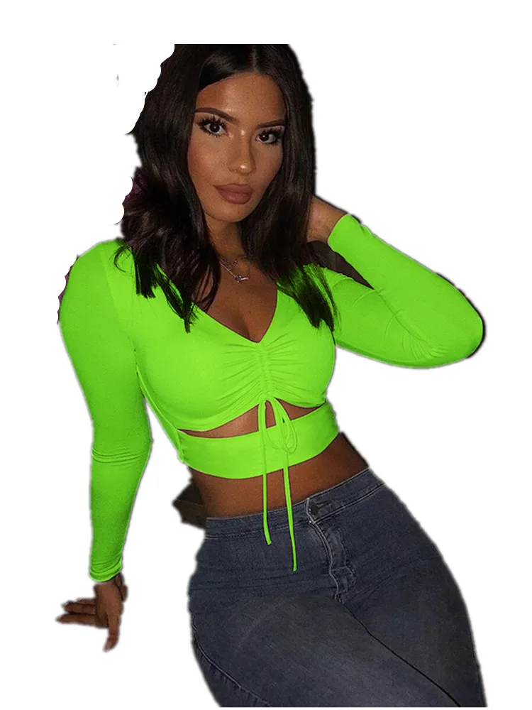 

Sexy V-neck Women T-shirt Long Sleeve Spring New Mid-barfing Female CROP Top