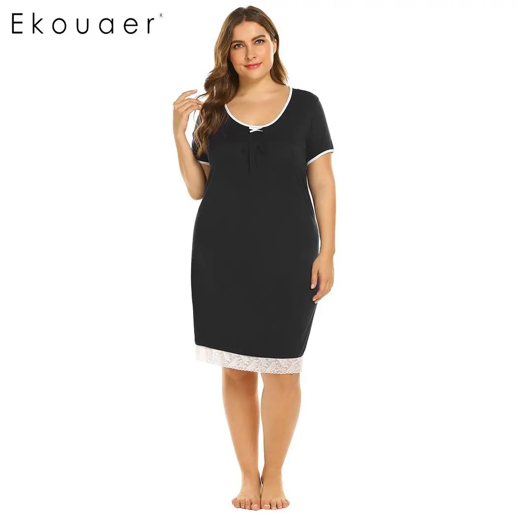 Ekouaer сорочка, ночная рубашка, больше размера, платье для сна, Женское ночное белье, короткий рукав, кружевная отделка, o-образный вырез, ночная рубашка размера плюс 5XL