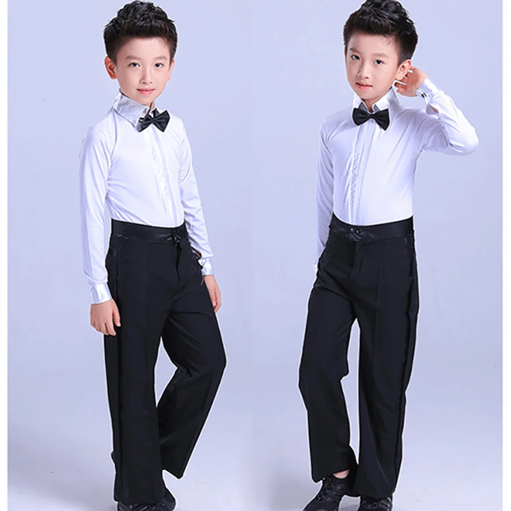 Удобные рубашки для латинских танцев детей Цвет черный белый Брюки с бахромой из