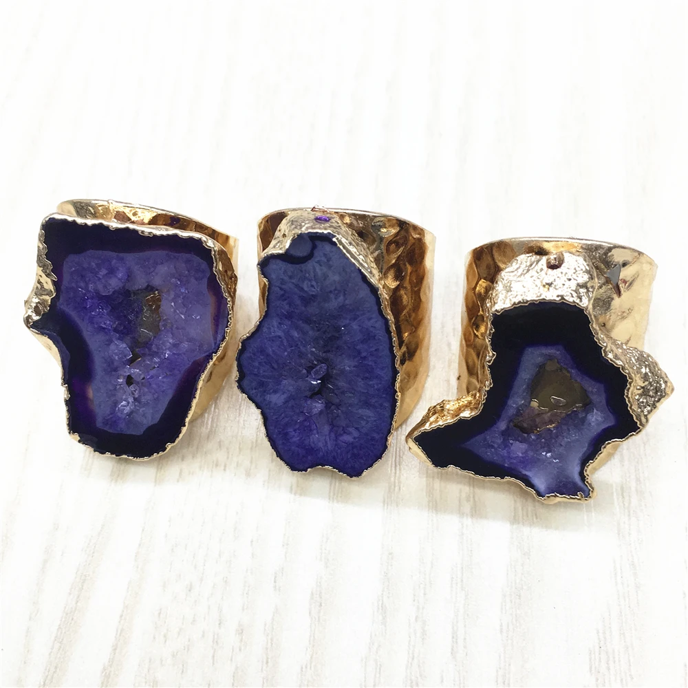purple Горячая Распродажа, кольца из натурального камня, геодные кольца, 24K золото, гальванические необработанные Агаты, Geode Cave Slice Ring, изменяемые размеры, ювелирные изделия,, 6 шт - Цвет основного камня: purple