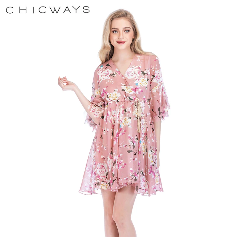 Chicways рюшами Лук цветочным принтом мини платье Для женщин v шеи галстук до летнее