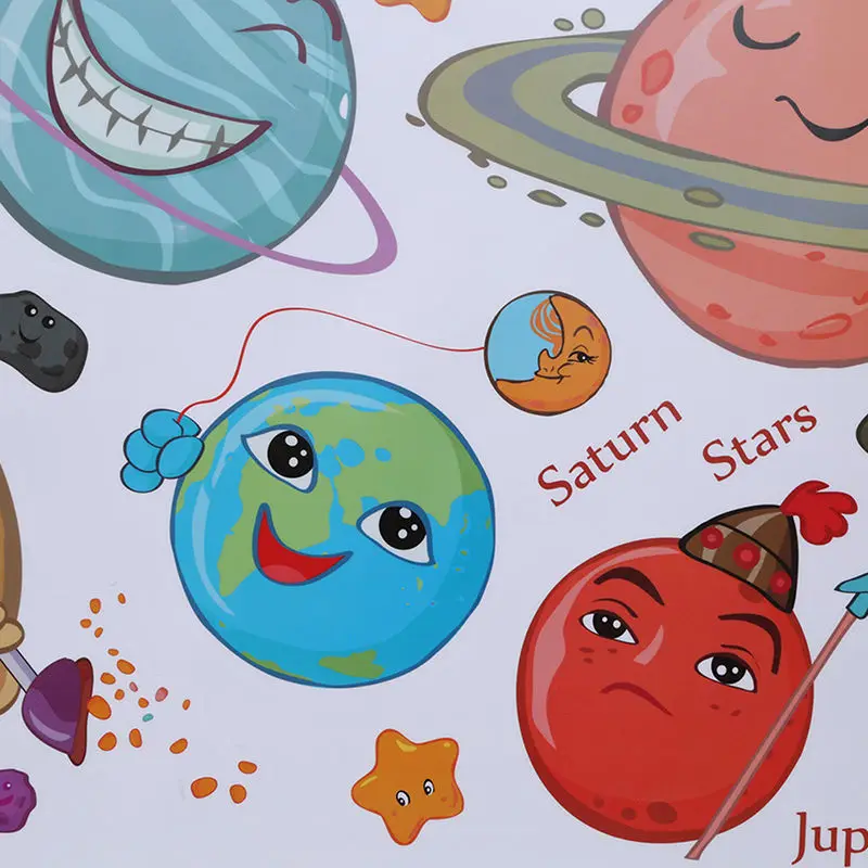 New Solar System Cartoon Wall Stickers For Kids Rooms Stars Outer Space Planets Earth Sun Saturn Mars Poster Mural School Decor | Дом и сад
