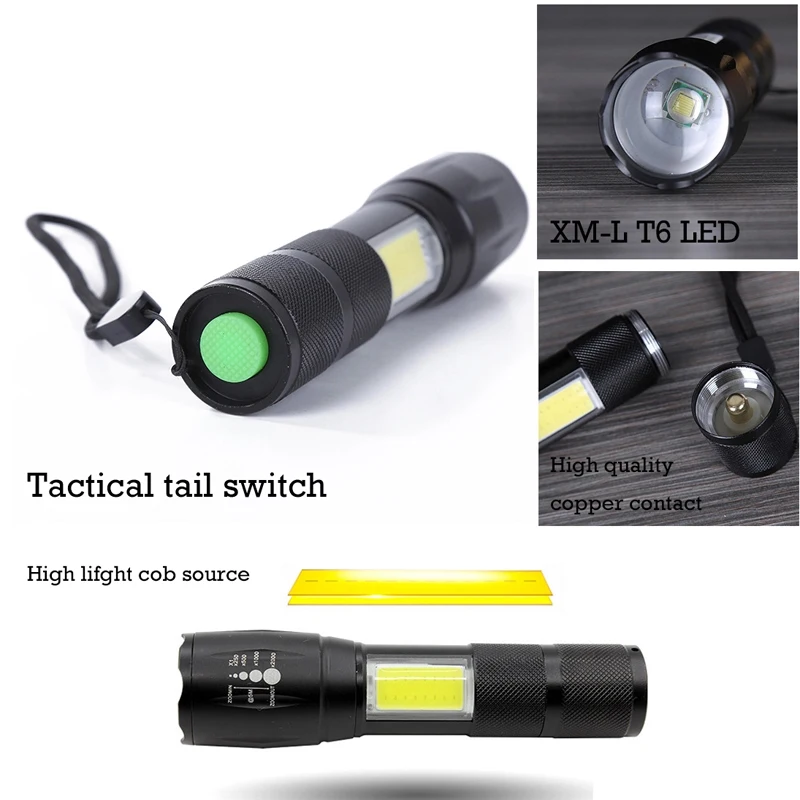 LED Flashlight Side COB Lamp Design T6 8000 Lumens Zoomable Torch 4 Light Modes by 18650 Battery | Flashlights &amp Torches