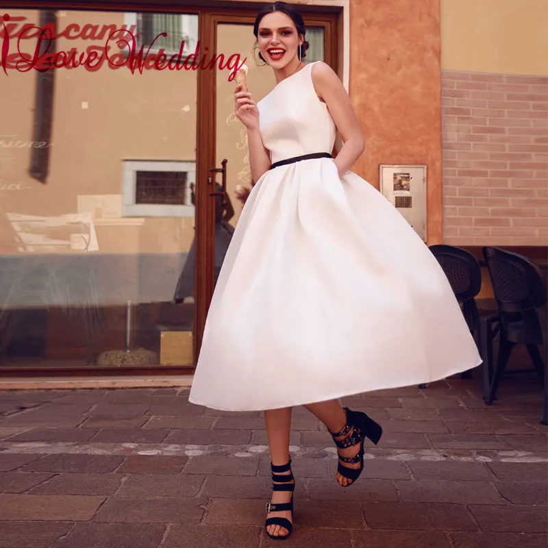 

Hot New 2023 Scoop Collar A Line Ankle Length Wedding Dress Custom made Sleeveless Sexy Back Short Wedding Dresses for Party