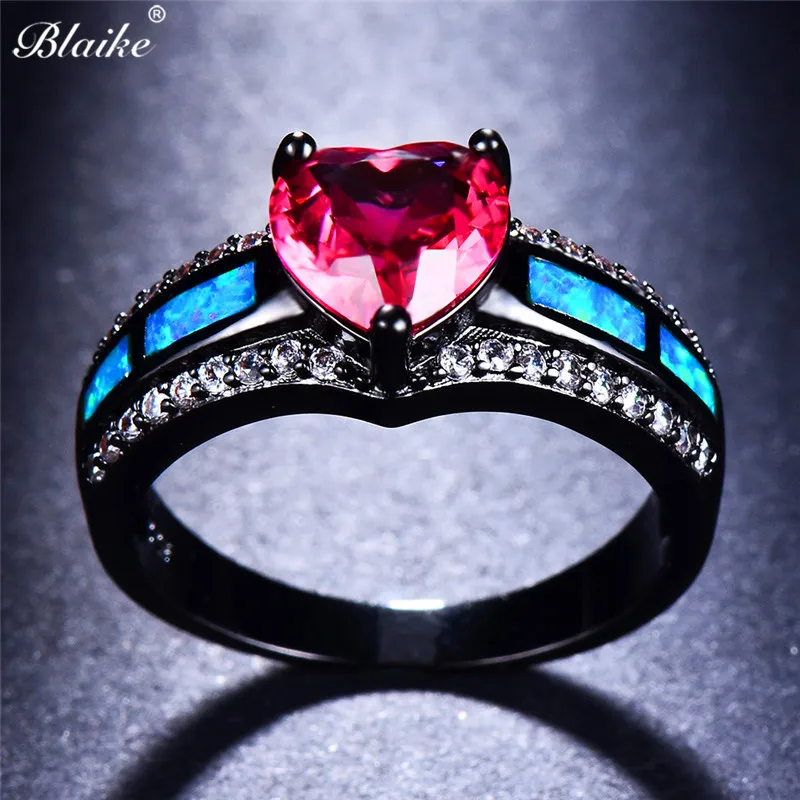 Blaike Aqua Blue/Шампанское/зеленый/розовый, красный/оливковый зеленый/Фиолетовый Сердце Циркон Кольца для женский, черный gold Filled Обручение ювелирные изделия
