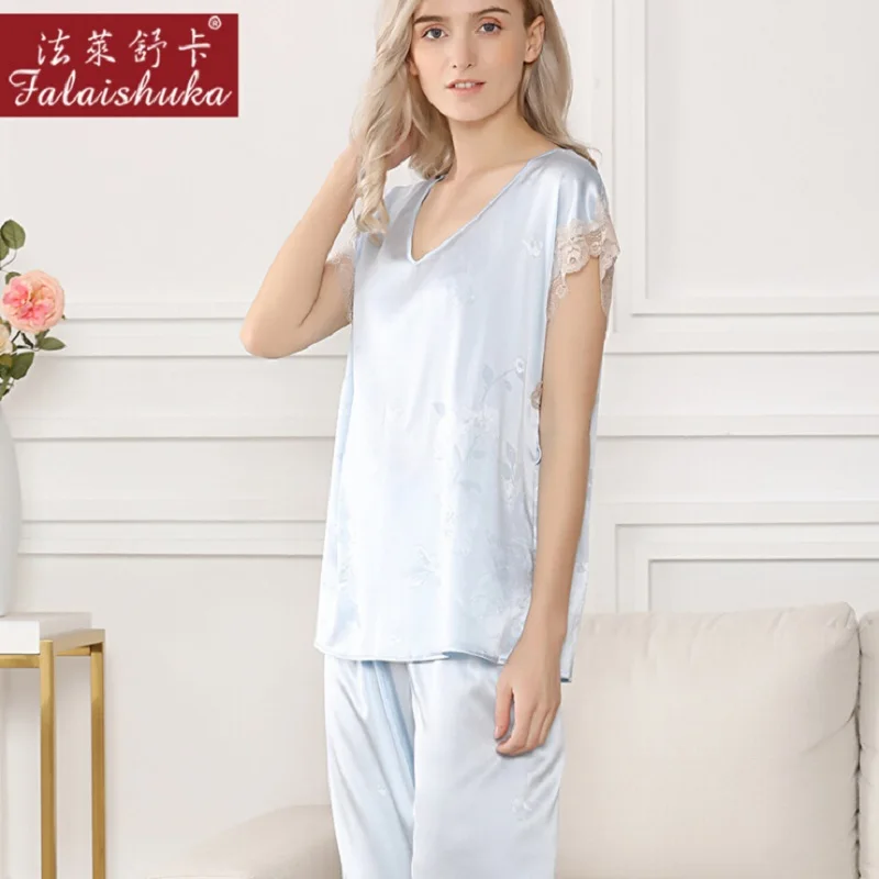 Silk Pajamas Summer sleepwear 2019 Pijamas women pajama set night suit nightwear silk stain pink blue short sleeve sleepwear set