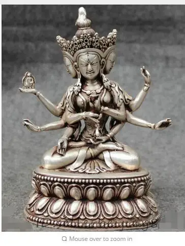 

HANDWORK UNIQUE SILVER COPPER ELEPHANT 7" Tibet Silver Buddhism 3 Head 8 Arms Ushnishavijaya Namgyalma Buddha Statue