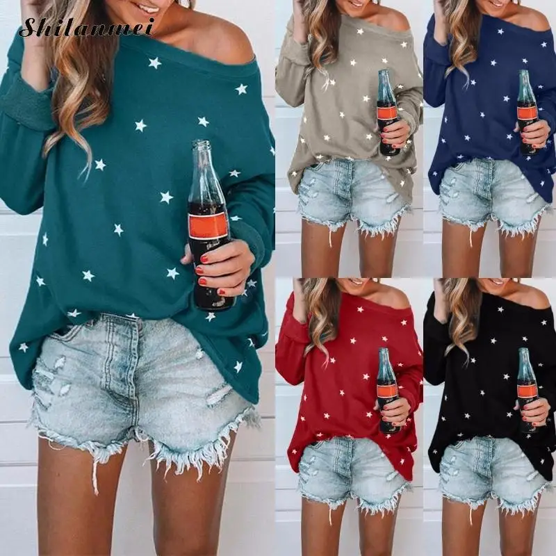 

Female Knitted Clothes One Shoulder Stars Pullover Long Sleeved Slim Autumn Spring Women Sweaters And Pullovers Plus Size Jumper