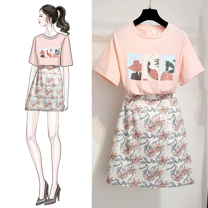 2019 Летняя женская футболка с короткими рукавами и круглым вырезом + тонкая юбка