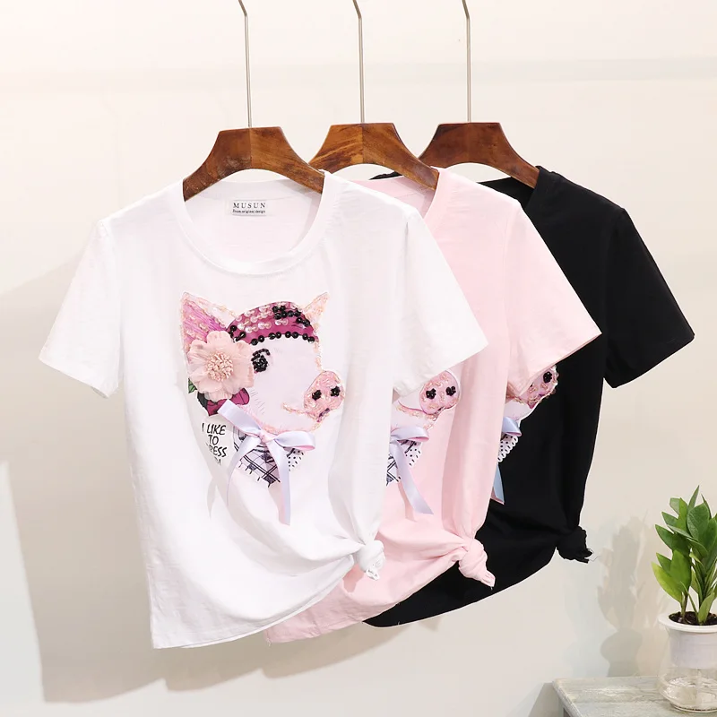 Футболка женская мода 2019 летний топ новый вышитое Блестящим Бисером мультфильм