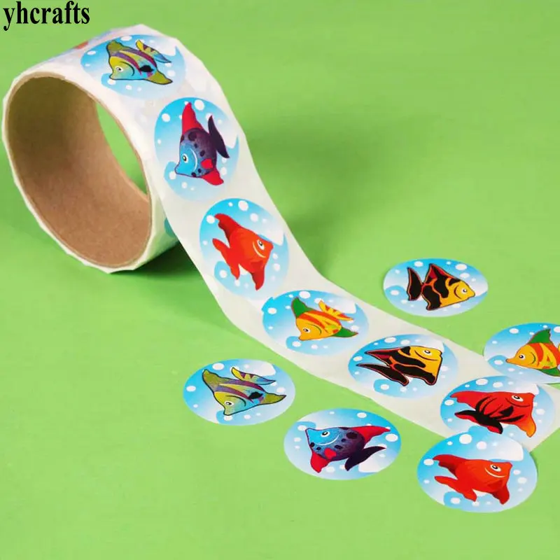 100PCS fish 1 рулон(100 шт.)/партия цветные бумажные наклейки с улыбающимся сердцем, поделки для занятий, школьные наградные этикетки, домашний декоративный орнамент, подарки, игрушки DIY - Цвет: 100PCS fish
