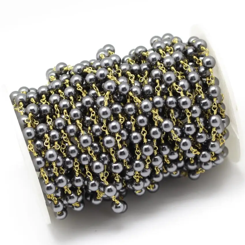 Gun Black Glass Pearl Chains Jewelry Crafts 6mm Smooth Round Beads with Wire Wrapped Brass Links Necklace Bracelet Making DIY | Украшения и