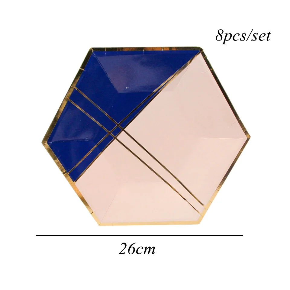 8pcs blue pink plate 1 компл. Розовое золото решетки одноразовые столовые приборы набор Bling бумажный стаканчик/тарелка/салфетка украшение стола для свадьбы День рождения партии поставки - Цвет: 8pcs blue pink plate