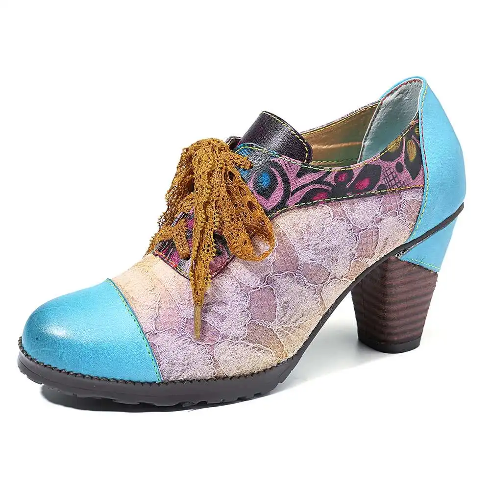 SOCOFY Elegance Genuine Sandals WomenLeather Splicing Lace Retro Pattern Comfortable Lace Up Pumps Elegant Shoes Woman