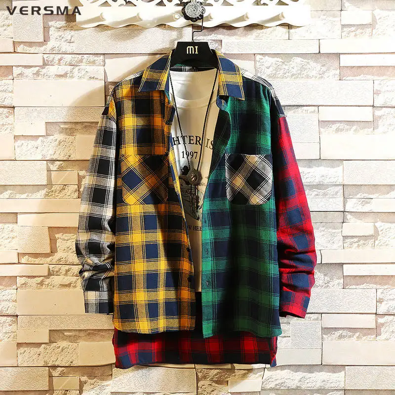 VERSMA Корейская Harajuku BF негабаритная Лоскутная клетчатая рубашка мужская Осенняя уличная хип-хоп унисекс рубашка мужская Прямая поставка - Цвет: Yellow