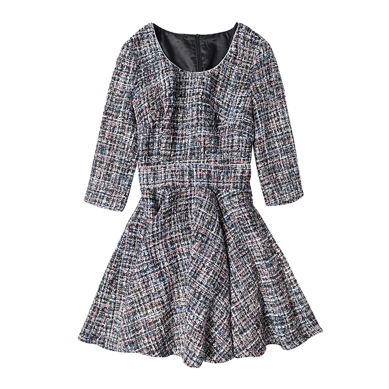 Твид платье Круглый воротник с коротким рукавом на весну/осенние женские