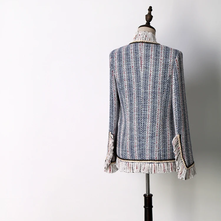 Высококачественная твидовая куртка женская 2018 синяя и белая полосатая