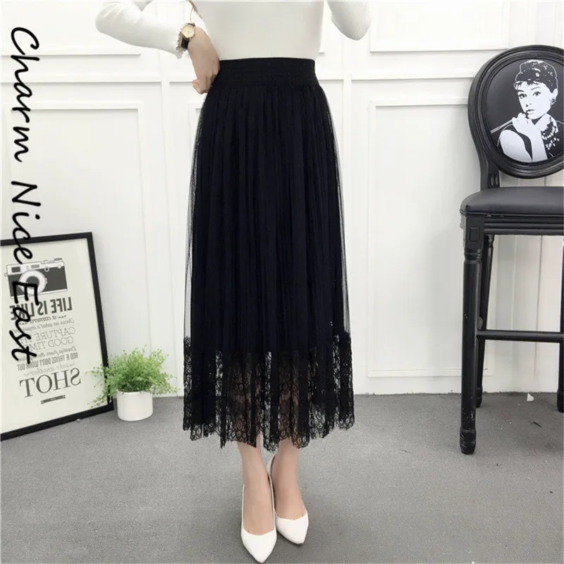 2018 Summer Fashion Gold Velvet lace skirt women Pleated Elegant Chic Mesh Mid-long Casual Solid color Sexy | Женская одежда
