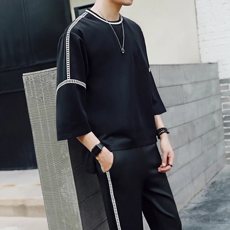 2018 весенний Повседневный черно белый мужской комплект одежды с круглым вырезом и