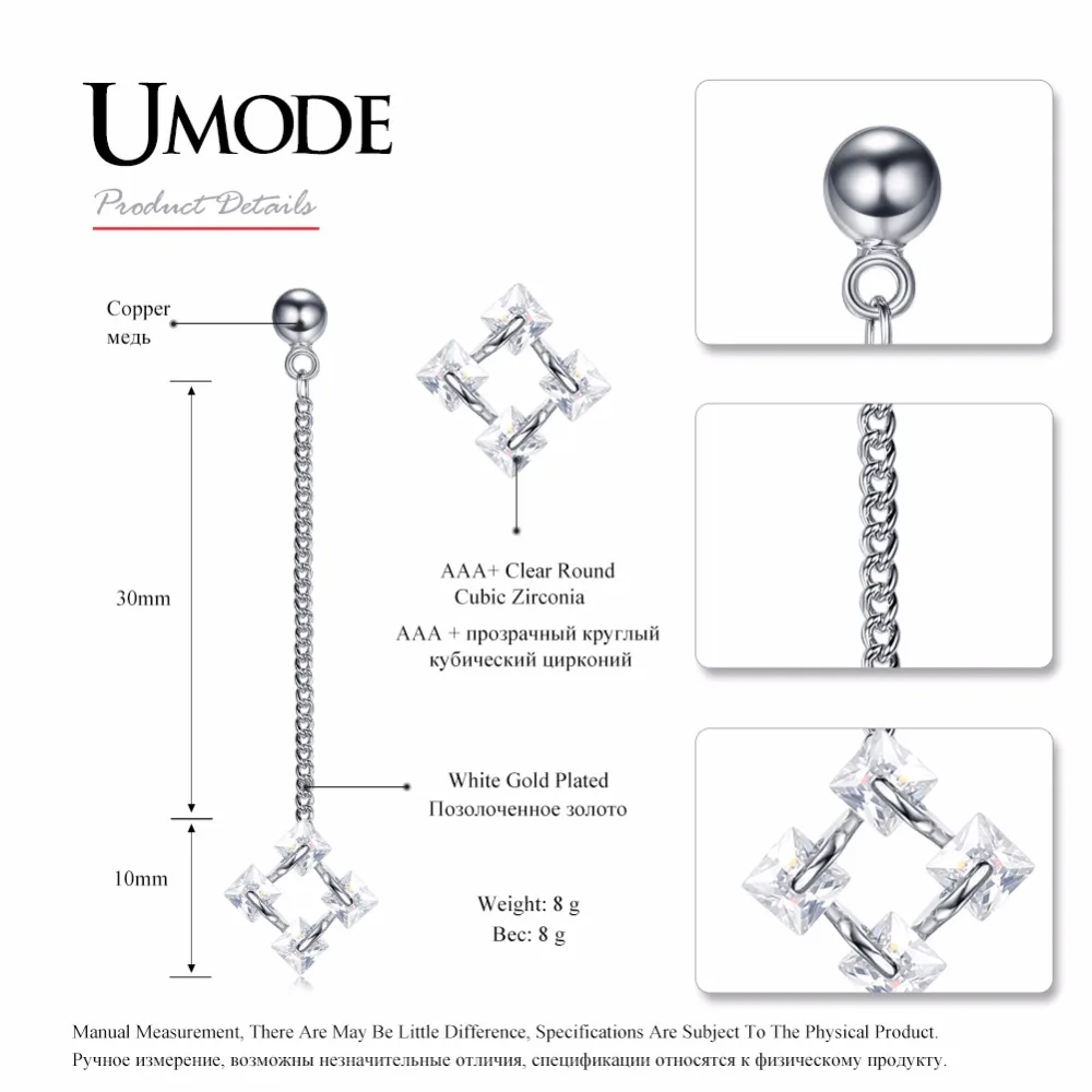 UMODE модные длинные висячие серьги для женщин женские Стразы белый золотой цвет AAA