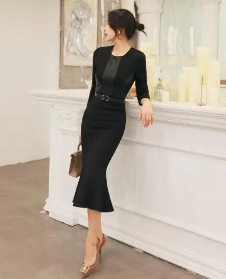 Vintage Black Женское летнее винтажное платье с круглым вырезом, элегантное вечернее платье до середины икры из искусственной кожи с поясом, длинный рукав, черное платье Vestidos - Цвет: Vintage Black