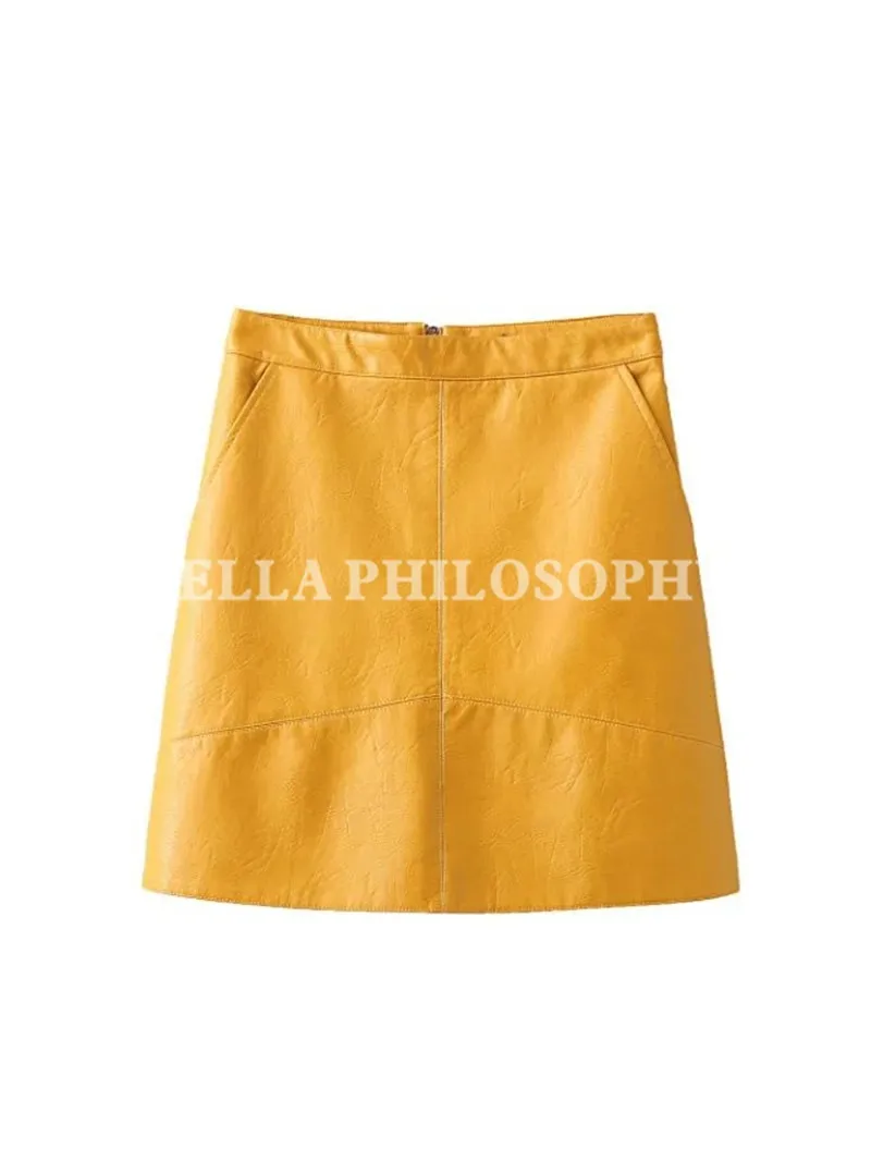 Bella philosophy, Зимняя юбка с высокой талией, искусственная кожа, Женская юбка, розовая, желтая, черная, зеленая, синяя, мини-юбка на молнии для женщин