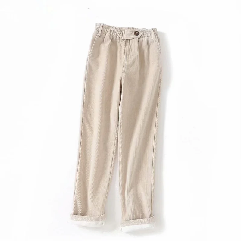 Бежевый Winter Corduroy Pencil Pants Women Casual Elastic Waist streetwear Pant Solid High Waist trousers Women Loose Ladies Pants - Цвет: Бежевый