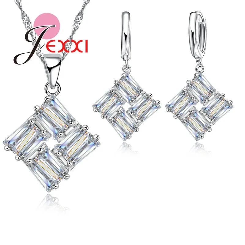 High Quality Square Zirconia Crystal 925 Sterling Silver Pendant Necklaces Hoop Earrings Bridal Wedding Jewelry Set гвоздики set of thai silver square 925