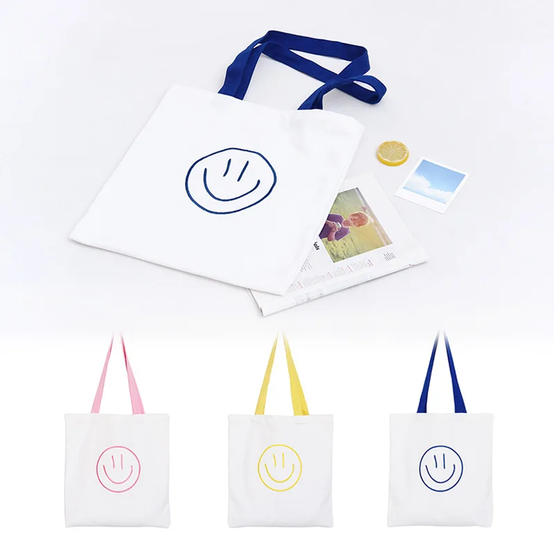 

YILE Cotton Canvas Shoulder Bag Eco Shopping Tote Embroidered Smiling Face 3 Colors YF01