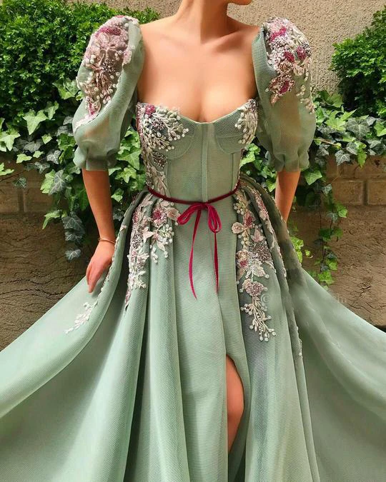 

Mint Green Muslim Evening Dresses High Slit Lace A-Line Islamic Dubai Saudi Arabic Long Elegant Sweetheart Prom Gowns With Belt
