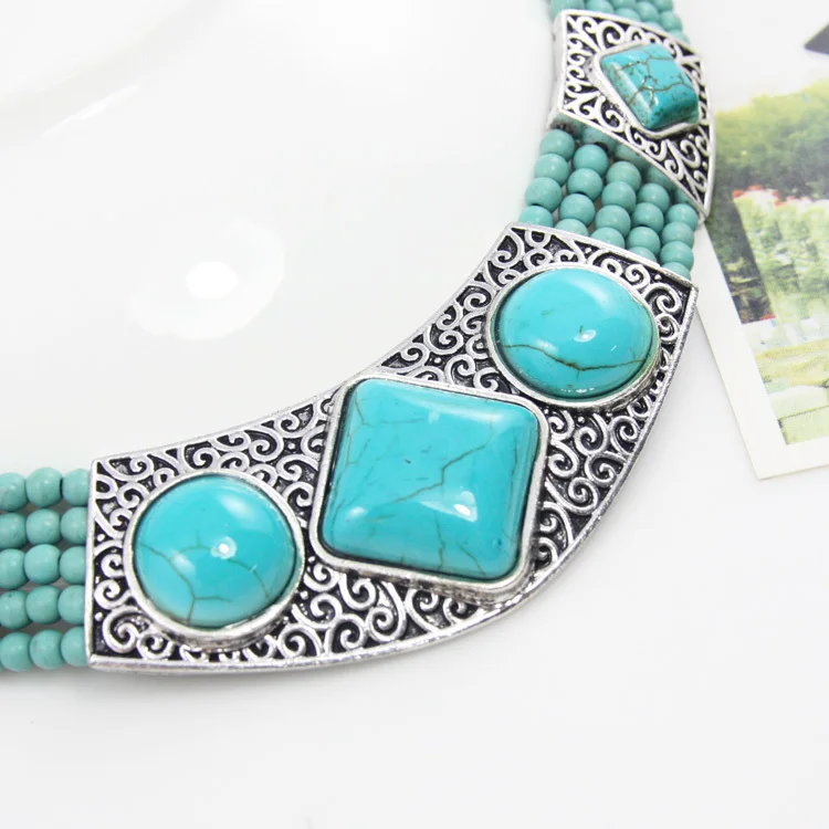 Этнические бусины ручной работы ожерелье из зеленого камня серебряный цвет с