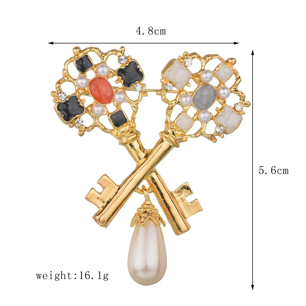 2019 NEW college style personality fashion gold color double Crown Key statement pearl Brooch women badge jewelry gift | Украшения и