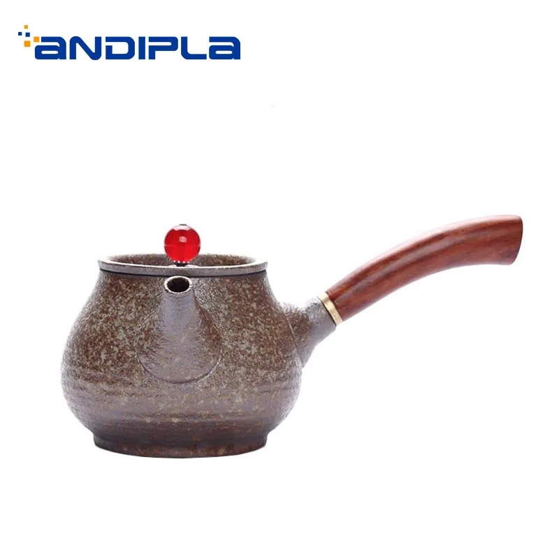 

240ml Vintage Teapot Ceramic Coarse Pottery Wood Handle Pot Chinese Kung Fu Tea Set Decor Crafts Coffee Milk Kettle Drinkware